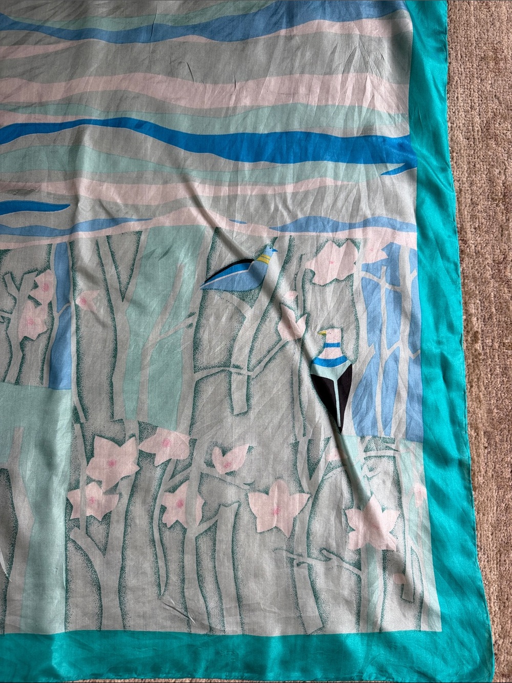 VTG Abstract Art Deco Avian Bird Flowy Silk Scarf Teal Waves Trees Square Retro - Picture 10 of 14